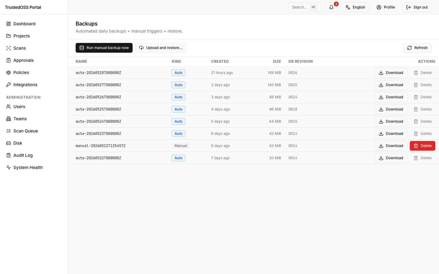 Admin backup page on a fresh install — toolbar mounted, the list body shows the empty-state card until the first backup row arrives