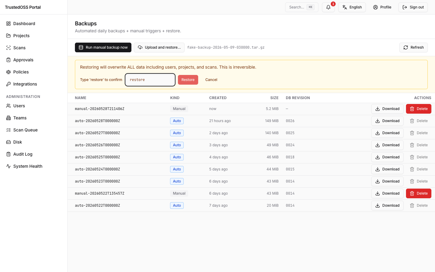 Admin backup — typing-gate satisfied, Restore button enabled