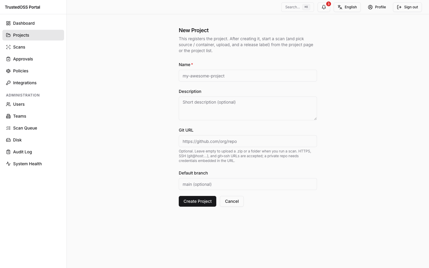 New project form — name, description, and Git URL fields