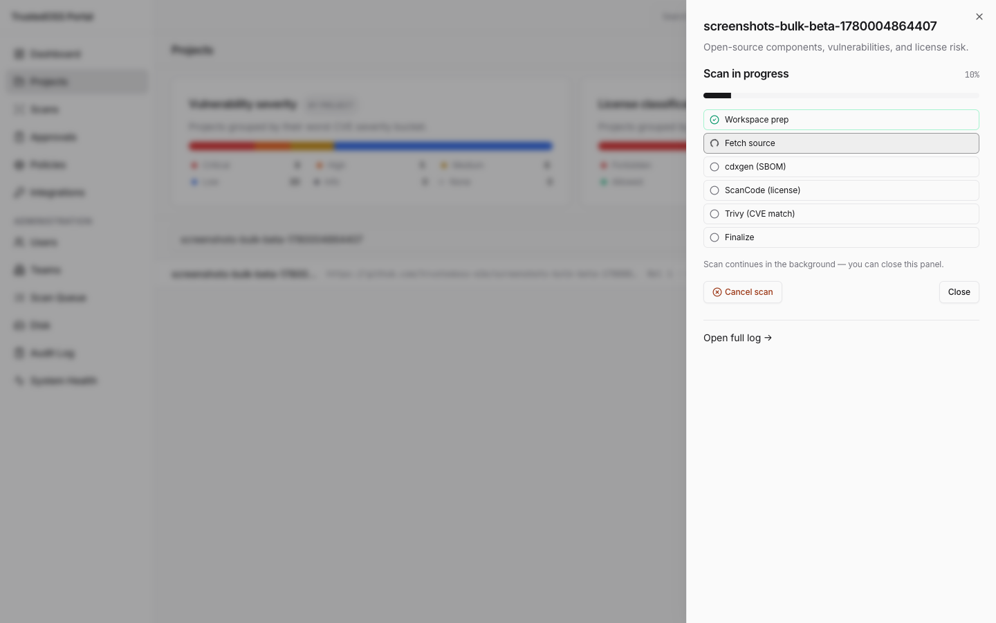 Scan progress drawer — bootstrap → fetch → cdxgen → scancode → vuln_match → finalize stages, live over WebSocket