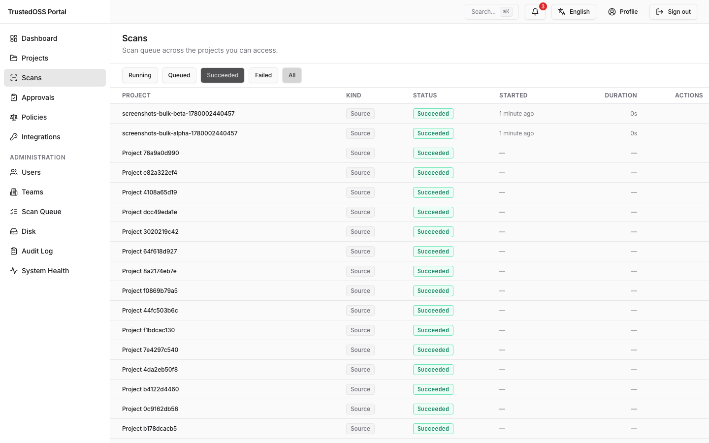 Global /scans queue — Running / Queued / Succeeded / Failed / All status tabs above a recent-runs table with project, kind, and started-at columns