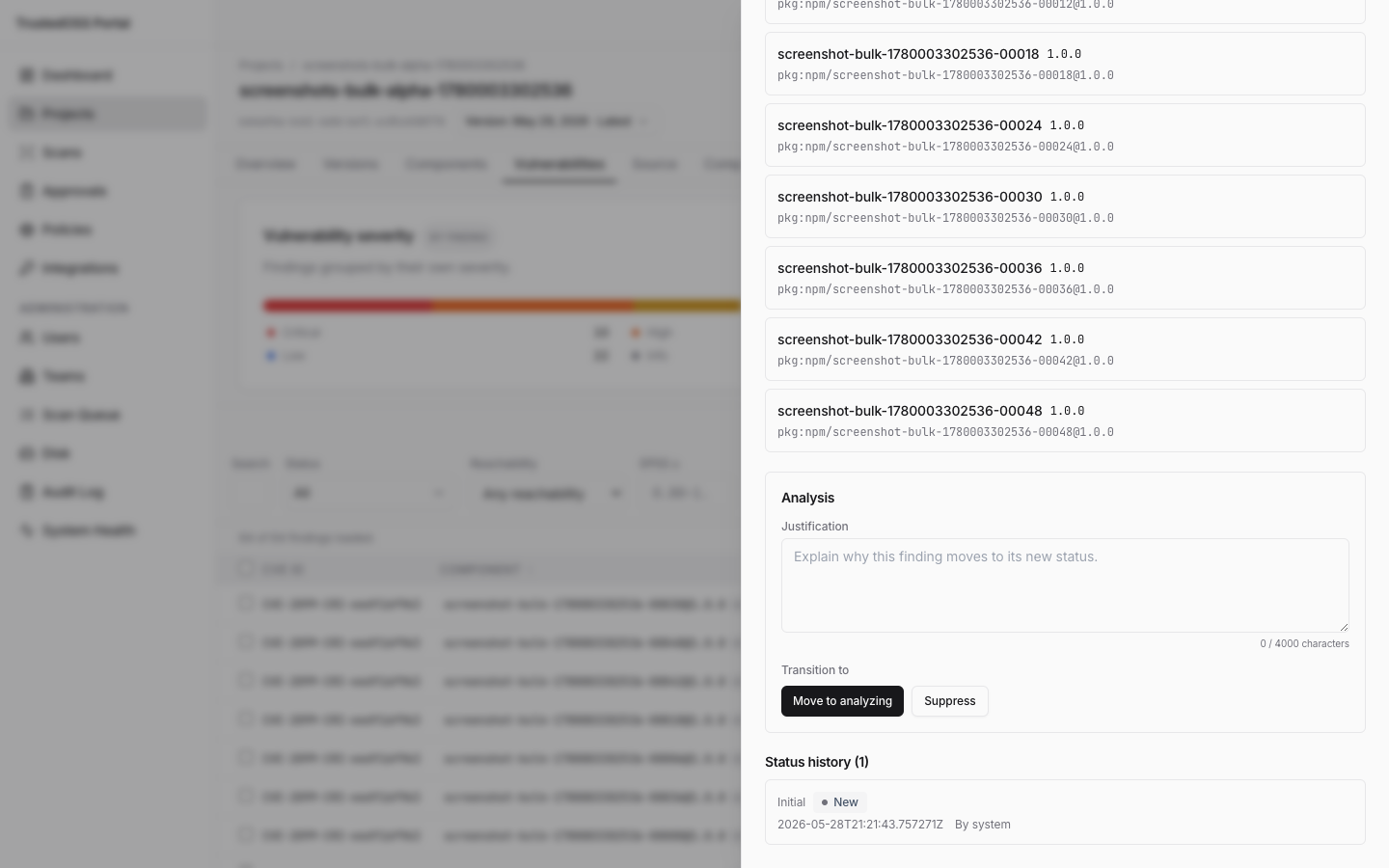Vulnerability drawer — Analysis section with VEX action buttons and justification textarea