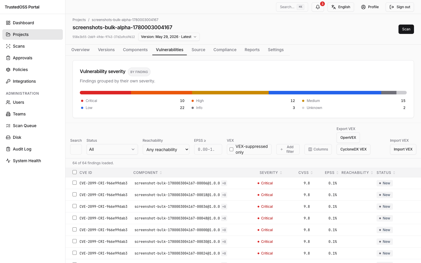 Vulnerability list showing CVE IDs, severity badges, CVSS, and VEX status workflow.