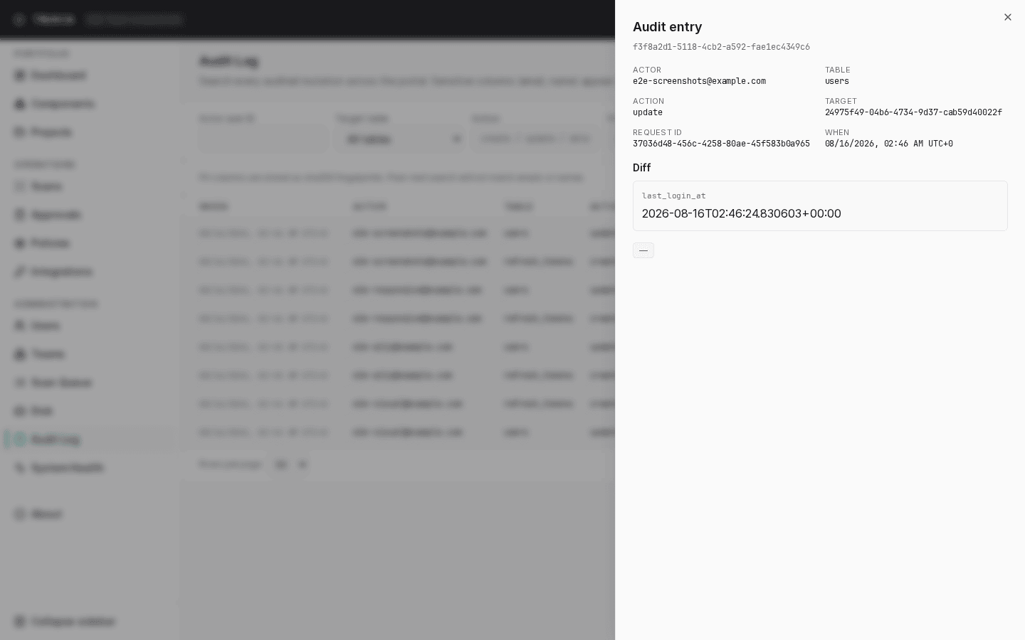 감사 로그 드로어 — 단일 행의 전체 diff JSON 패널 (PII 마스킹 + request_id 상관자)