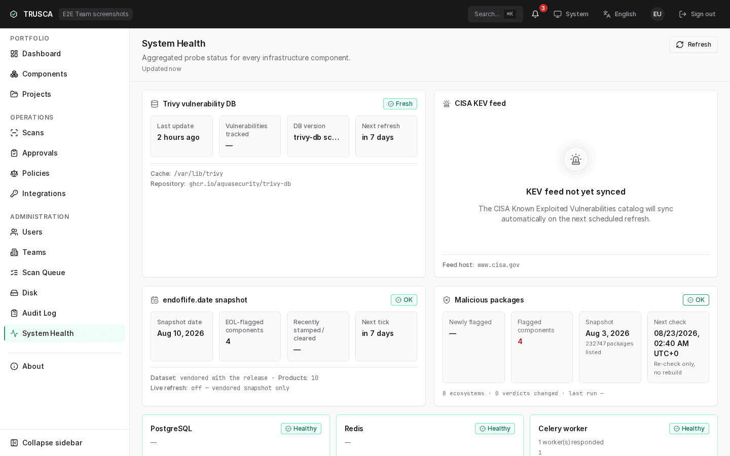 Admin 시스템 Health — postgres·redis·celery 그리고 vulnerability data 행 개요