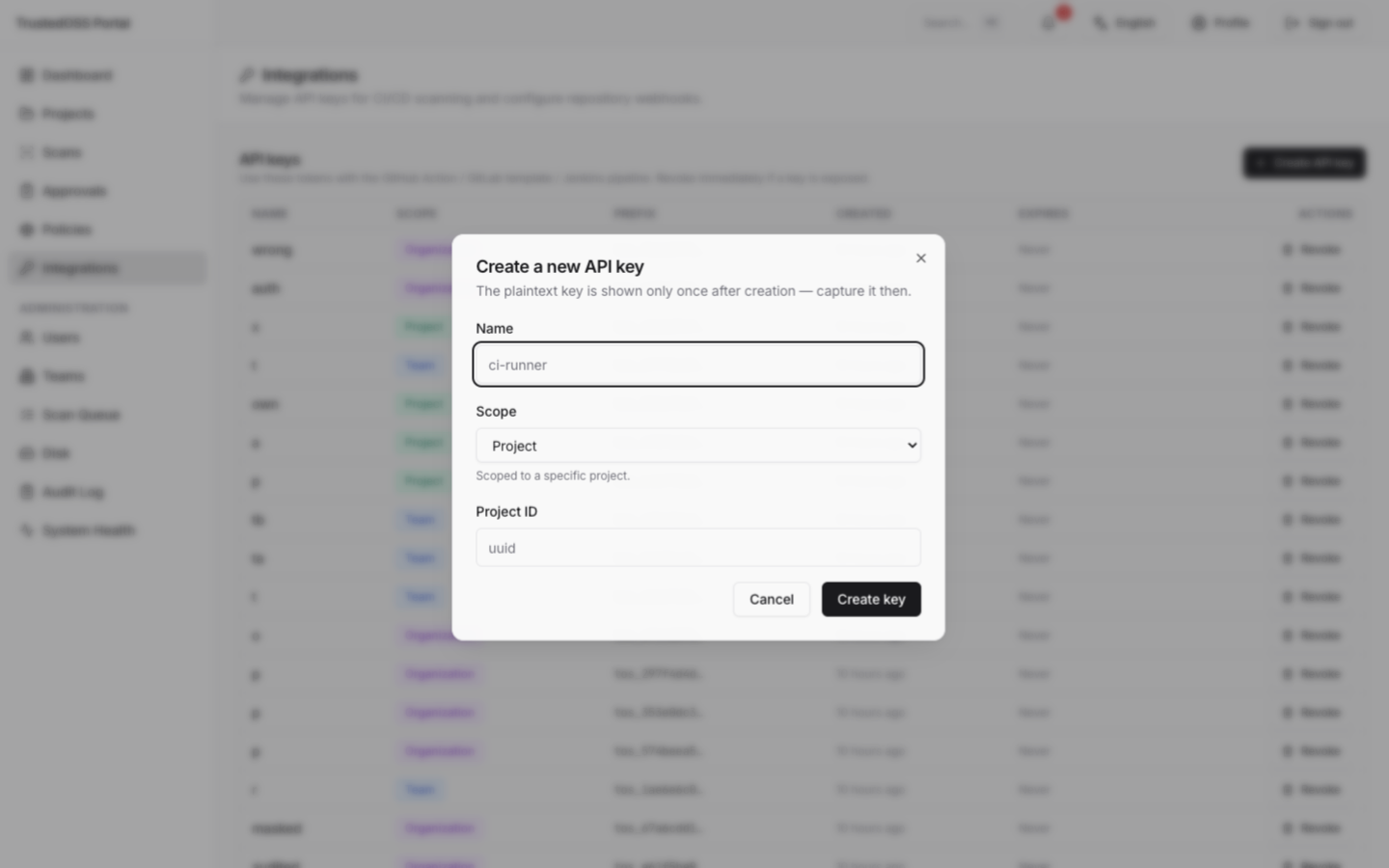 /integrations — Label과 scope 입력이 있는 API key 생성 다이얼로그