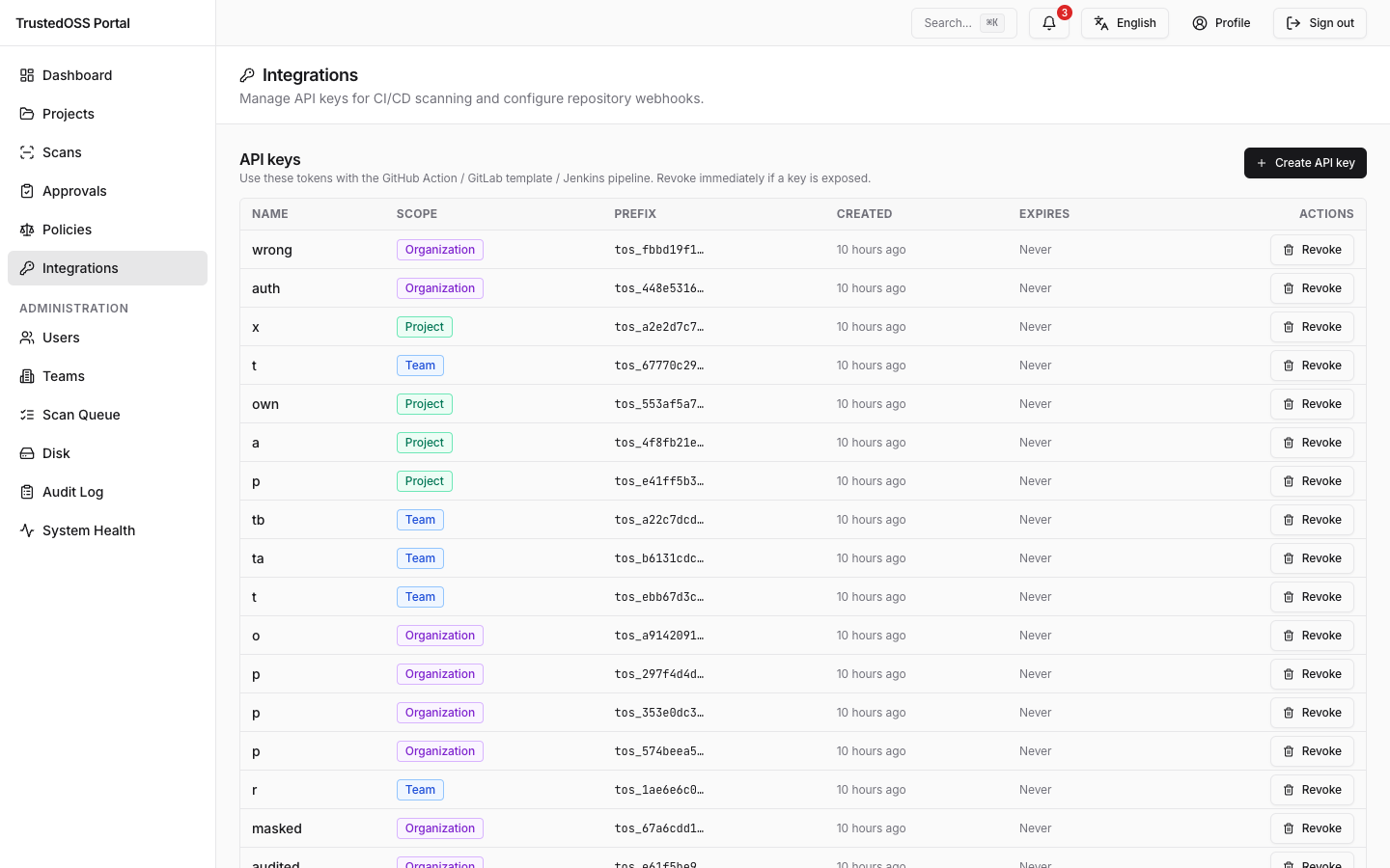 /integrations — admin이 Key를 발급·폐기하는 API keys 섹션