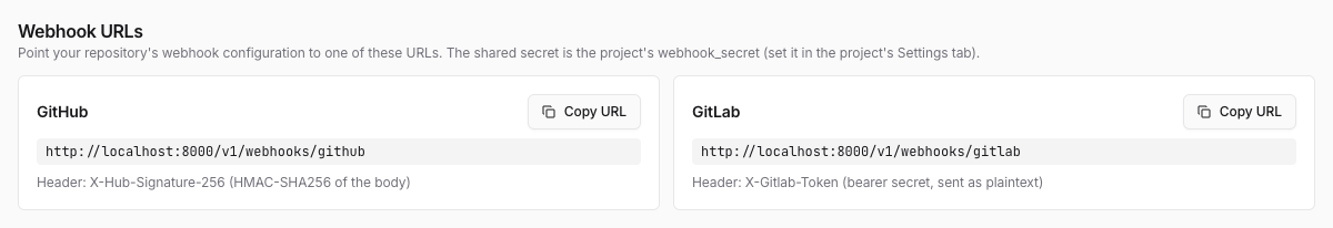 통합 — GitHub와 GitLab URL 카드가 있는 Webhooks 섹션