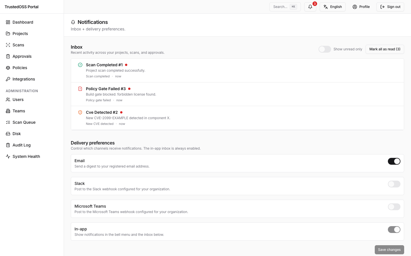 알림 환경설정 — 이메일·Slack·Teams 채널 토글과 항상 켜진 인앱 행 — KO locale