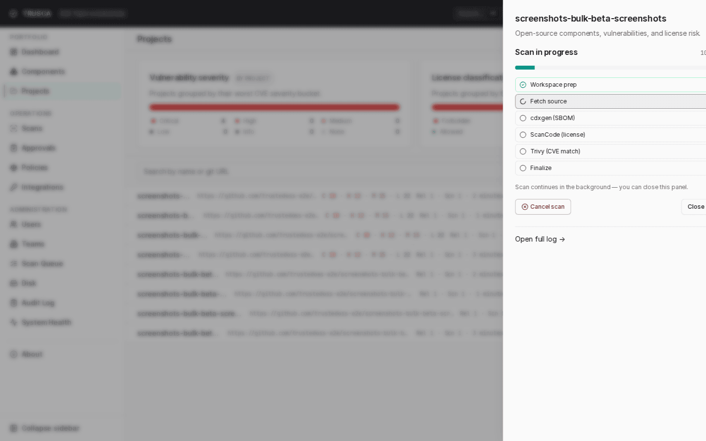 스캔 진행 드로어 — bootstrap → fetch → cdxgen → scancode → vuln_match → finalize 단계, WebSocket 실시간 표시